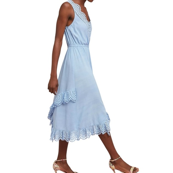 TRACY REESE x Anthropologie Carolina Eyelet Midi Dress | Light Blue Sleeveless M - Picture 7 of 10